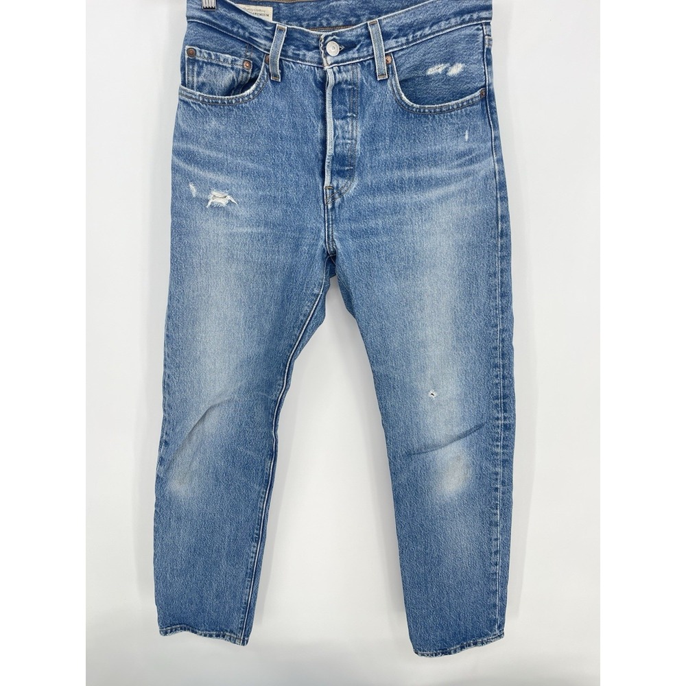 Levis 501 Premium Mens 27x30‎ Med Wash Blue Button Fly Distressed Bin9